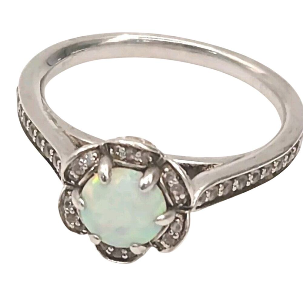 925 Sterling Silver Opal And Diamond Ring Size 6.75